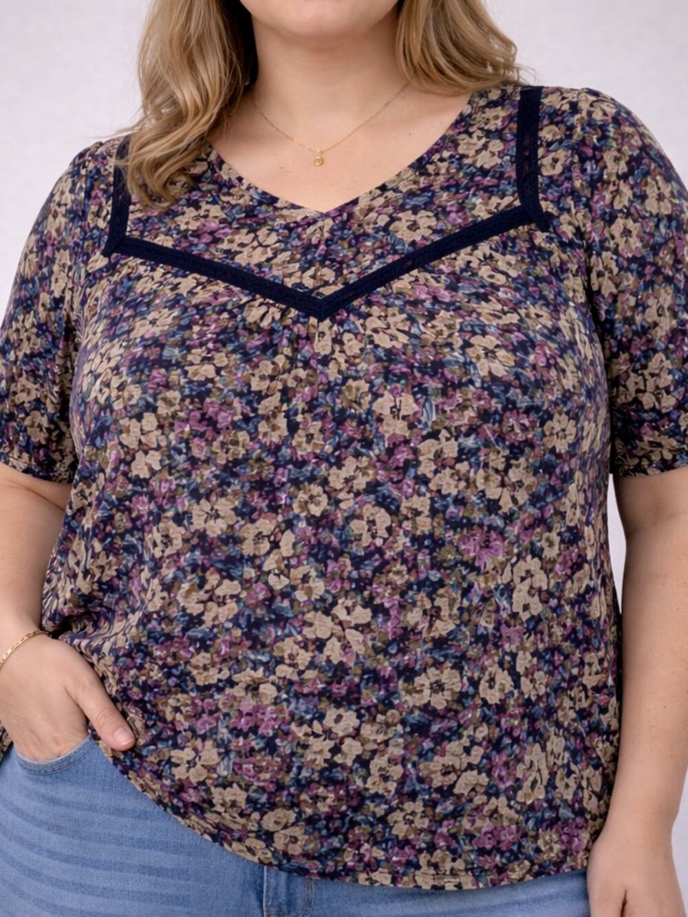 Reitmans Floral Blouse XXL Boho Cottagecore Short Sleeve Top Purple Blue Beige